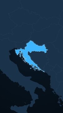 Croatia highlighted on a map of Europe with glow vertical video
