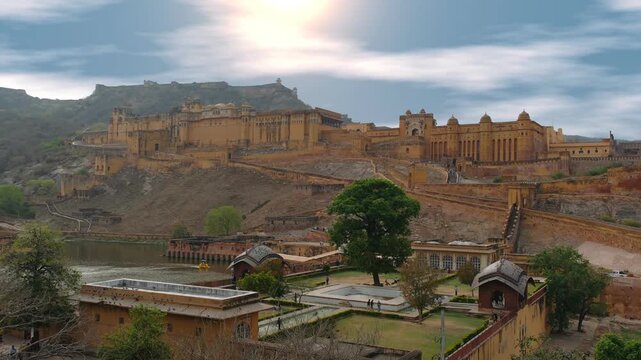 Amer fort and palace with maota lake and kesar kyari garden in jaipur, rajasthan, india