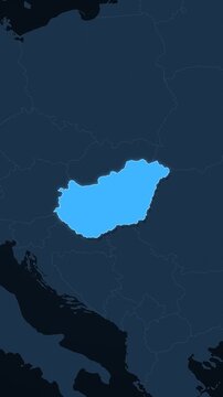 Hungary highlighted on a map of Europe with glow vertical video