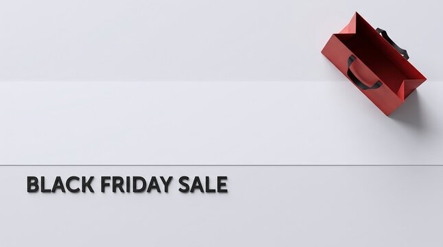 Black Friday Sale text with a red shopping bag on a clean white background, 3D render