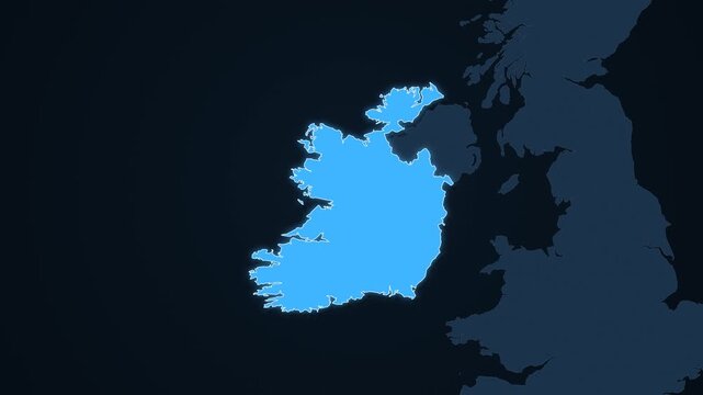 Ireland highlighted on a map of Europe with glow