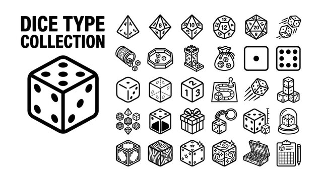 Dice Type Collection: A comprehensive assortment of dice icons, showcasing various shapes, sizes, and game-related elements, presented in a clean, graphic style.