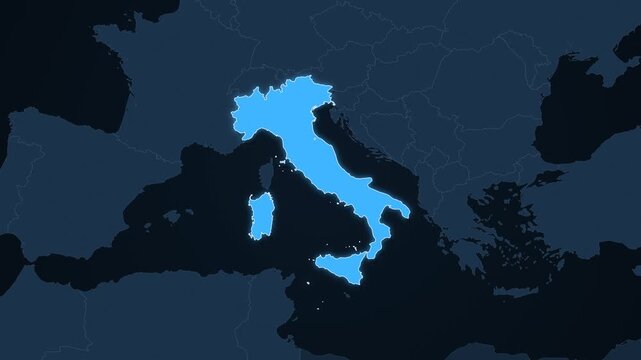 Italy highlighted on a map of Europe with glow