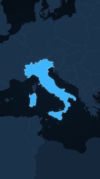 Italy highlighted on a map of Europe with glow vertical video