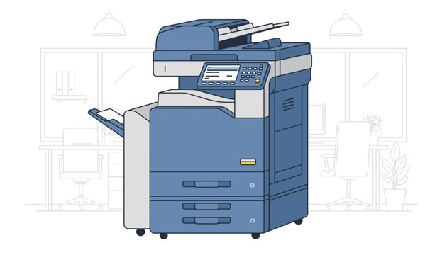 Modern large office multifunction printer and copy machine standing in a bright corporate workspace.