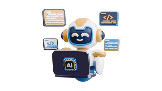 3D Rendered Cute Robot Programmer Coding on Laptop with Floating Software Development Code Blocks Isolated on White Background, Concept 91 Art
