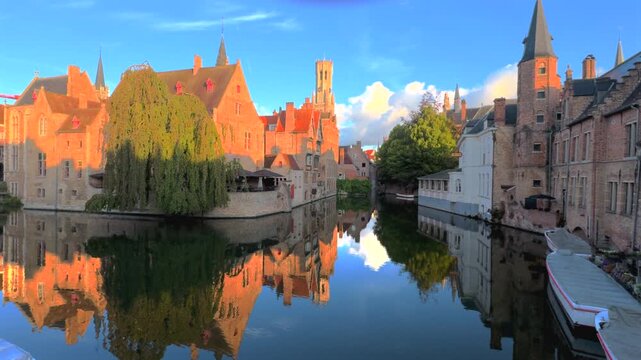 Dijver canal in Bruges city seen from Rosary Quay during sunset Belgium