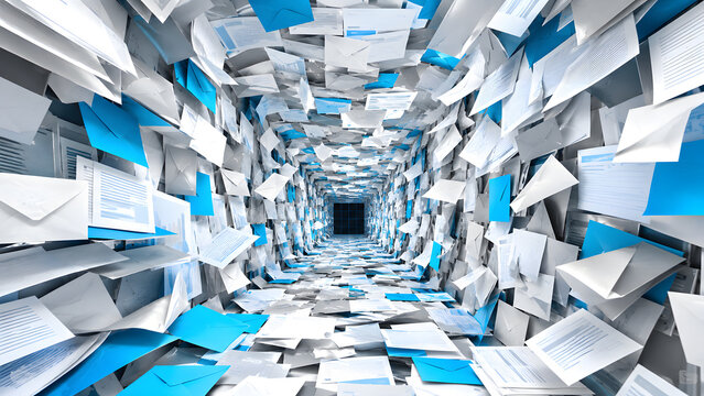 Futuristic paperwork information tunnel with countless digital documents, files, and data sheets flowing through a glowing high-tech tunnel, representing document management, information overload, dig