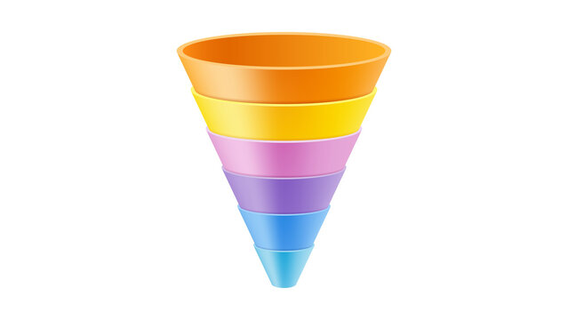 Multi-stage colorful 97 funnel infographic diagram for business strategy, marketing conversion analysis, and sales process planning 3D illustration