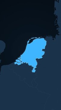 Netherlands highlighted on a map of Europe with glow vertical video