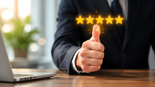 A professional businessman in a suit gives a thumbs up gesture with a glowing five-star rating holographic interface representing high quality service and success.