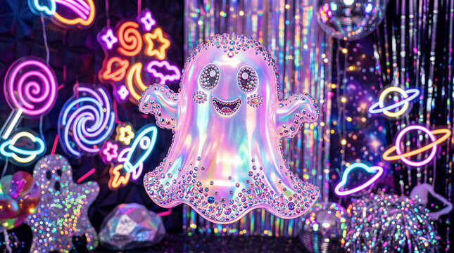 Iridescent jeweled ghost decoration at a neon Halloween display. Y2K party theme with holographic color. Halloween celebration and seasonal decor. Retro futuristic pop aesthetic.