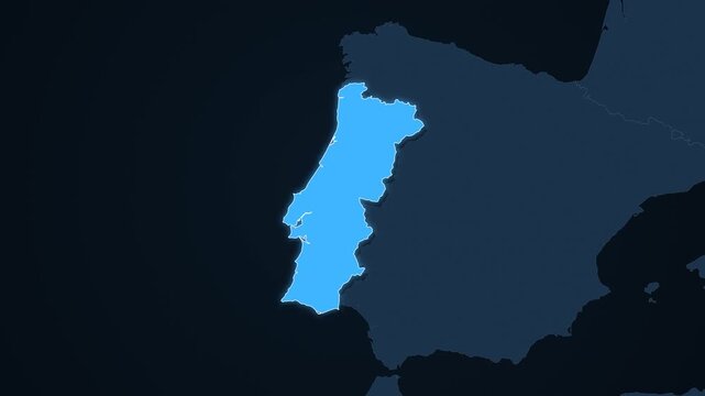 Portugal highlighted on a map of Europe with glow
