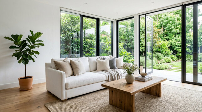Modern Living Room with Large Windows and Garden View