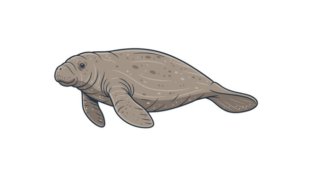 Detailed illustration of a gentle grey manatee swimming gracefully in profile against a white background.