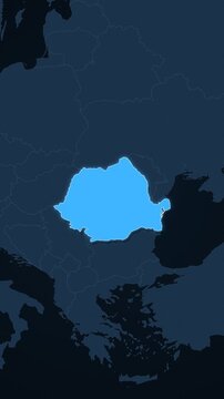 Romania highlighted on a map of Europe with glow vertical video