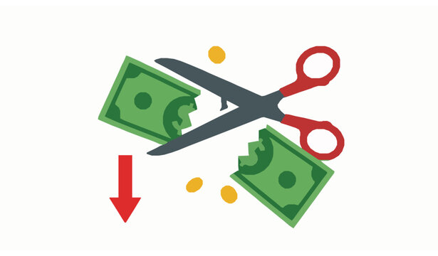 Scissors cutting dollar banknote in half flat concept illustration with falling coins and red arrow for inflation tax and budget cut design