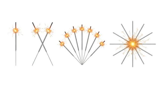 Set of burning sparklers isolated on transparent background
