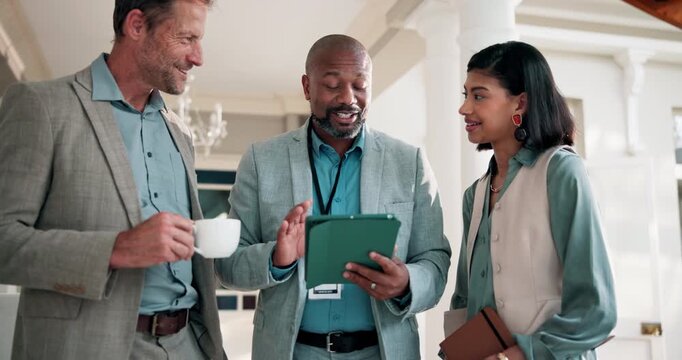 Tablet, leader and team with business man at conference for vip organizer, meeting and advice. Delegate registration, digital guest sign in and seminar coordinator with employee in hotel for search