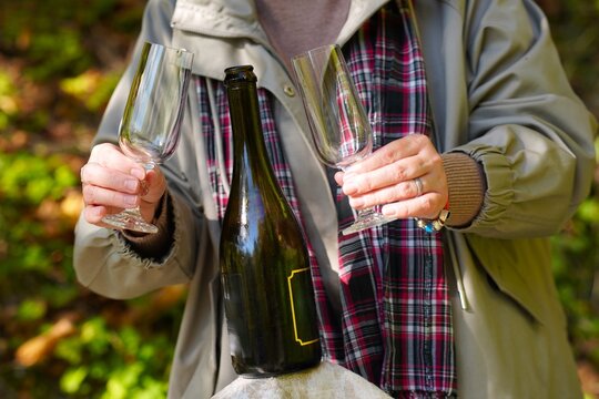 women toasting with empty glasses over wine bottle in autumn garden. Celebrating grape harvest, tasting homemade natural Isabella wine concept, festive fall gathering on blurred foliage background.