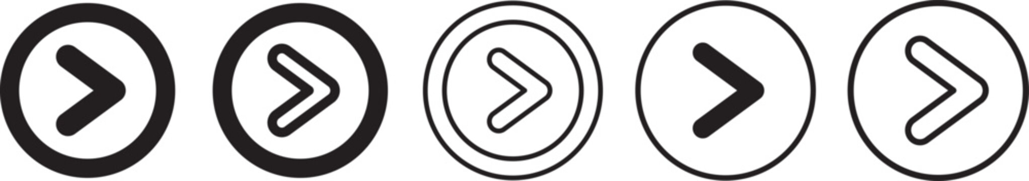 Right arrow and chevron circle icon set. Solid, outline, double-bordered navigation symbols, next buttons, direction pointers, and badge collection