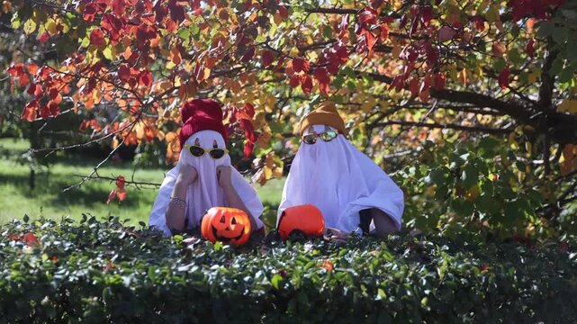 two kid in Halloween ghost costumes Wearing bright hats and black glasses,  in the park. Halloween party