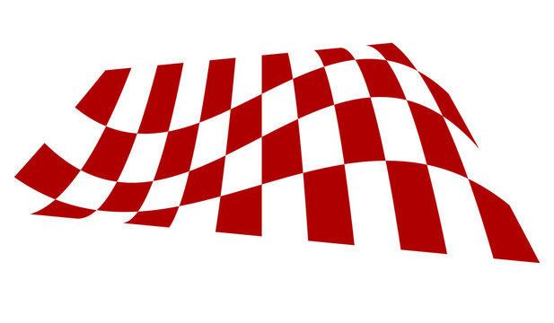 Red and white checkered flag waving isolated on white background. Abstract sport racing finish line banner vector graphic illustration element. Geometric auto race checkered pattern design template.