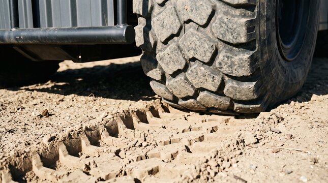 Industrial tire with deep tread beside tire tracks in dry sandy soil