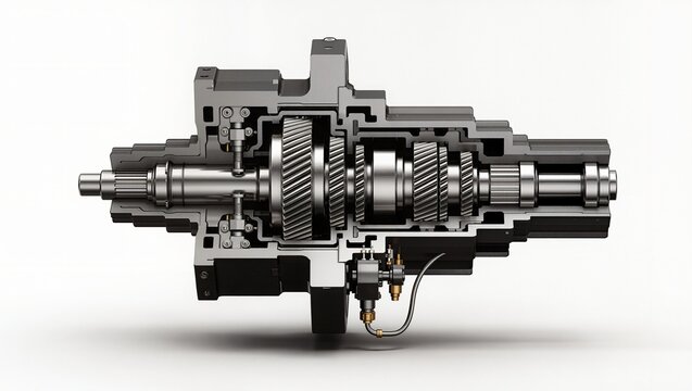 Stepped Helical Gear Cluster Transmission Cutaway, White Background