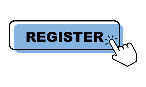 Blue register button with black outline and hand cursor icon indicating online registration for services or website signup.