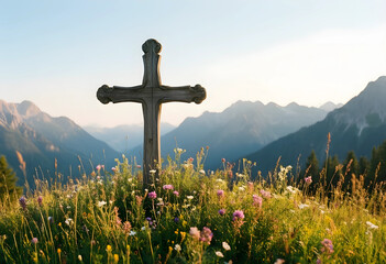 Naklejka premium Christianity and faith concept, wooden cross standing on a mountain meadow with wildflowers at sunrise for spiritual peace and religious hope in nature