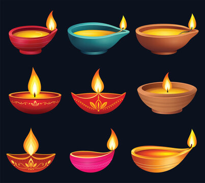 Collection of colorful Diwali diyas featuring traditional oil lamps, glowing flames, ornate patterns, vibrant colors, and decorative festive designs isolated on a dark background.