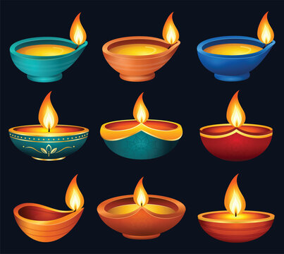 Collection of colorful traditional Diwali diyas with glowing flames, decorative patterns, and vibrant teal, blue, red, orange, and golden designs on a dark background.