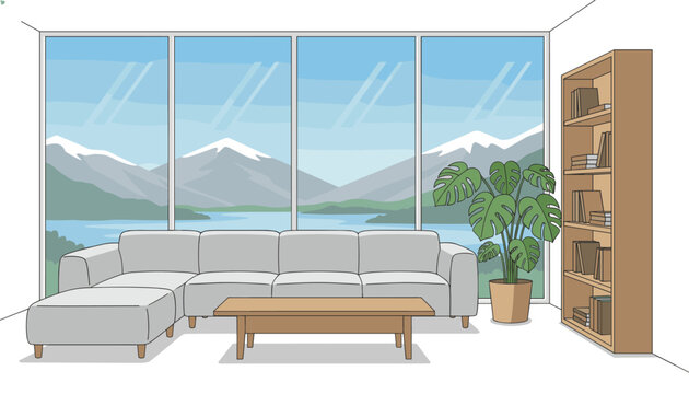 Modern living room interior features a large glass window with snowy mountain lake views, a grey sectional sofa and a bookshelf.