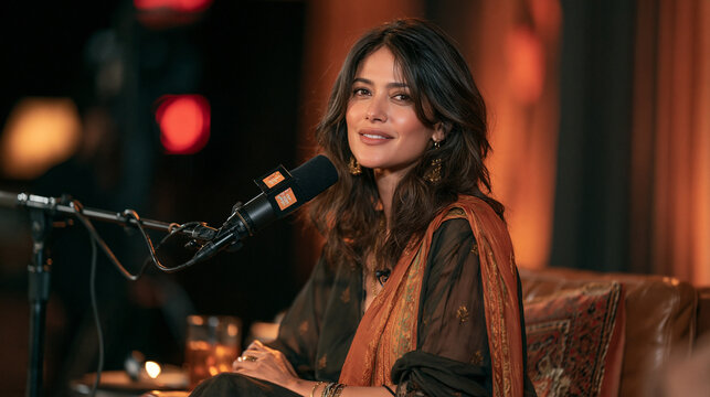 Woman smiles gracefully during a podcast interview while speaking into a professional studio microphone.