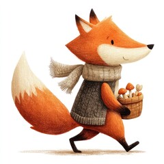 Fototapeta premium Cute fox carrying mushrooms in cozy autumn illustration