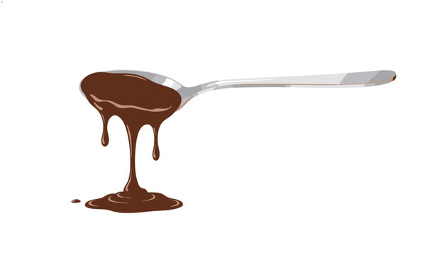 Silver spoon dripping rich melted dark chocolate down into a glossy pool of sweet chocolate sauce on white background.