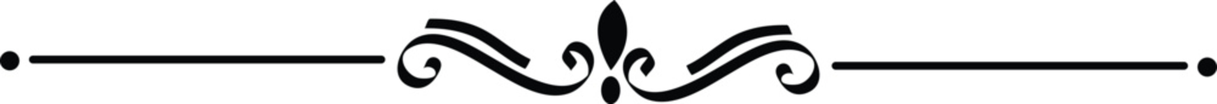 Ornate black flourish and divider with dots on a white background
