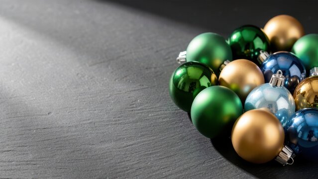 elegant collection of reflective christmas ornaments on dark slate for upscale holiday advertising background