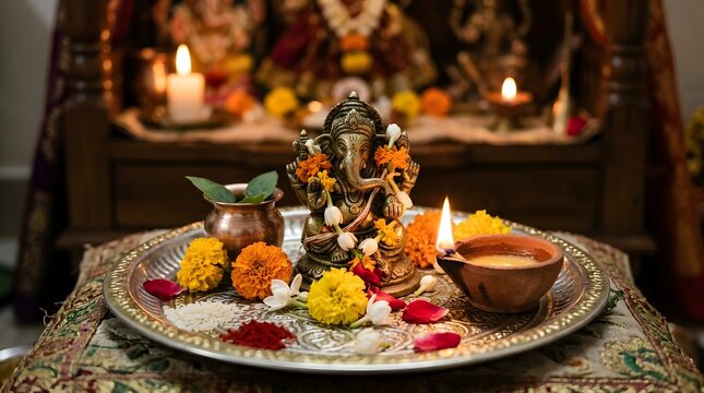 Ganesh chaturthi brass idol with marigold flowers and lit diya lamp perfect for lakshmi puja