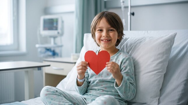 Happy Child Holding Red Heart in Hospital Bed