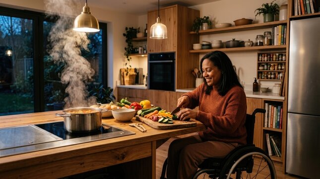 Spina bifida disability: cook vegetable, prepare meal, wheelchair mobility, kitchen home, healthy food, adult female, smile happy, steam pot, slice pepper, board knife.