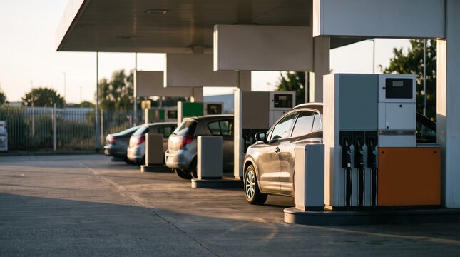 Drivers wait beneath a busy fuel station canopy