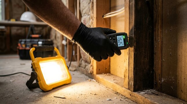 A home inspector tests wooden wall studs for water damage with a moisture meter during renovation.