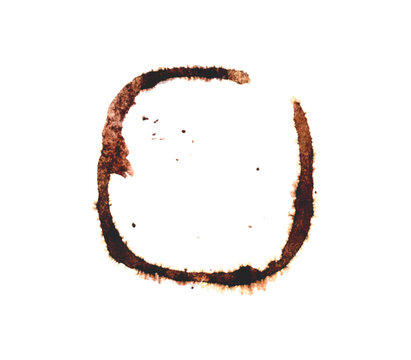 Coffee cup stain brown circular ring and splashes. Vector beverage marks, square liquid drops and rectangular spot traces isolated on white for cafes menu decoration and design.