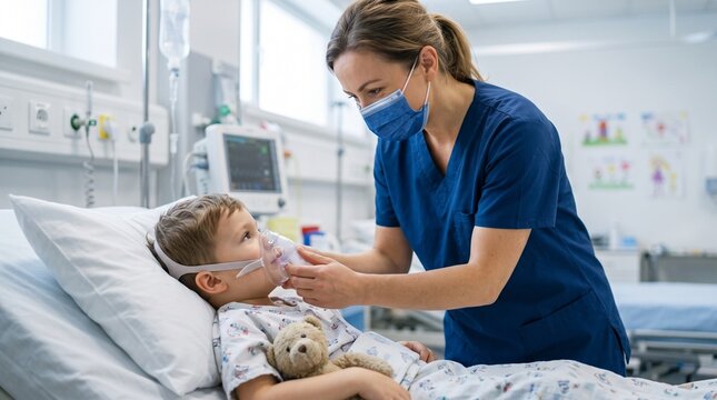 Pediatric nurse placing oxygen mask on child in bed