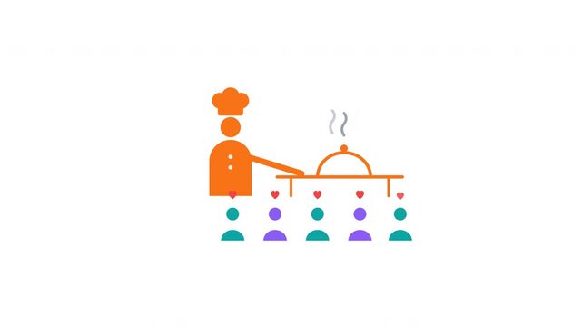 Chef serving hot meal to happy customers flat icon animation