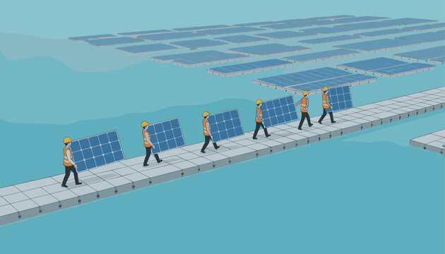 Workers in safety vests carry photovoltaic panels across floating walkways installed on a large water reservoir surface.