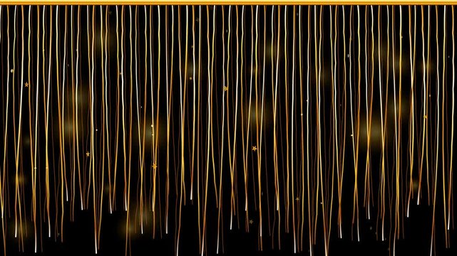 Seamless loop of festive Christmas gold tinsel foil confetti curtain background with shimmering metallic reflections, perfect for holiday celebrations, New Year parties, and luxury event backdrop.