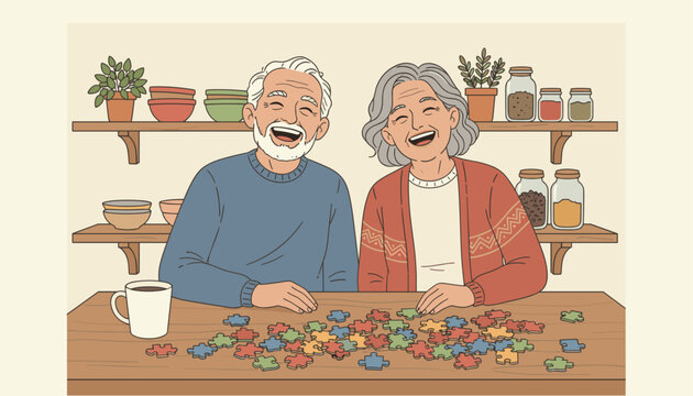 Joyful elderly couple laughing while assembling a jigsaw puzzle together at a wooden kitchen table.